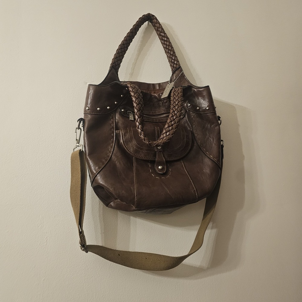 Y2K LEVIS Faux Leather Purse Shoulder Bag Tote Mocha Brown Studs Braided Straps